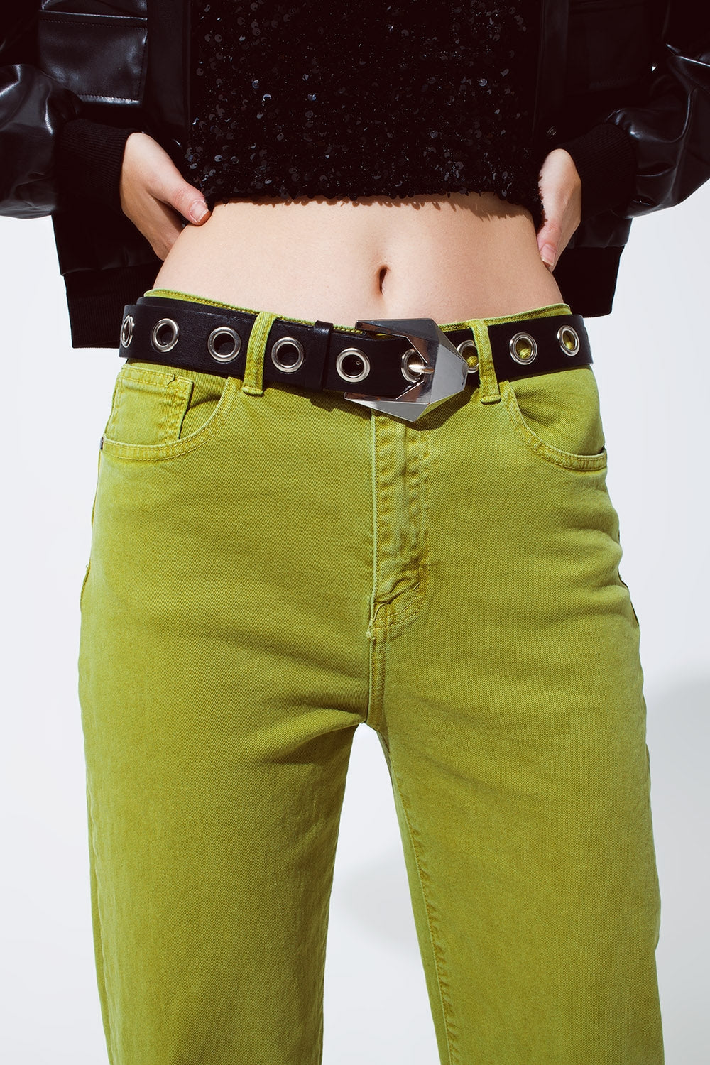 Straight Leg Jeans with Cropped Hem in olive green - Jeans