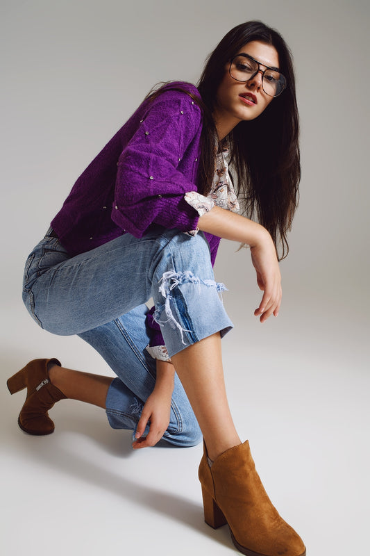 Straight leg jeans with distressed hem in light blue - Jeans