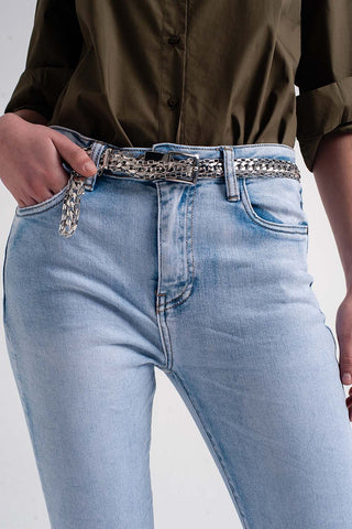 Straight leg jeans with folded ankles in light denim