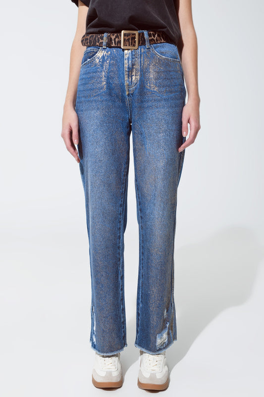 Straight leg ripped jeans with gold metallic glow - Jeans
