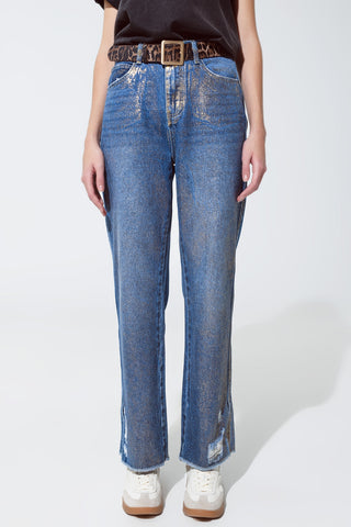 Straight leg ripped jeans with gold metallic glow