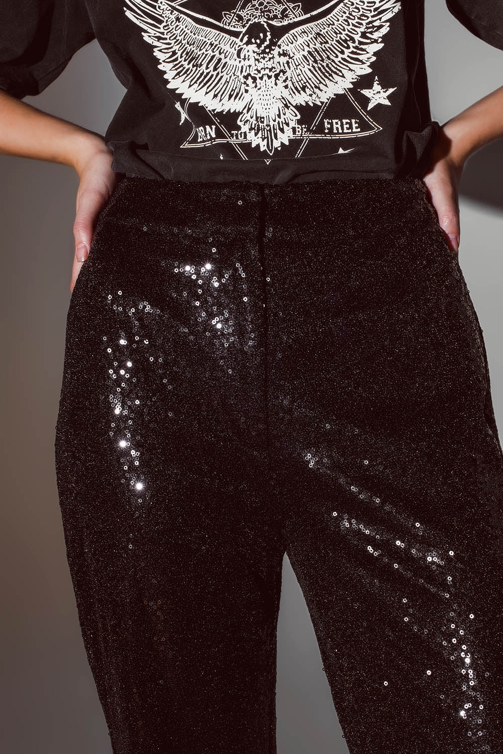 Straight Leg Sequin Pants in Black - Trousers