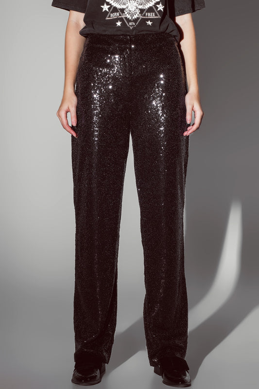 Straight Leg Sequin Pants in Black - Trousers