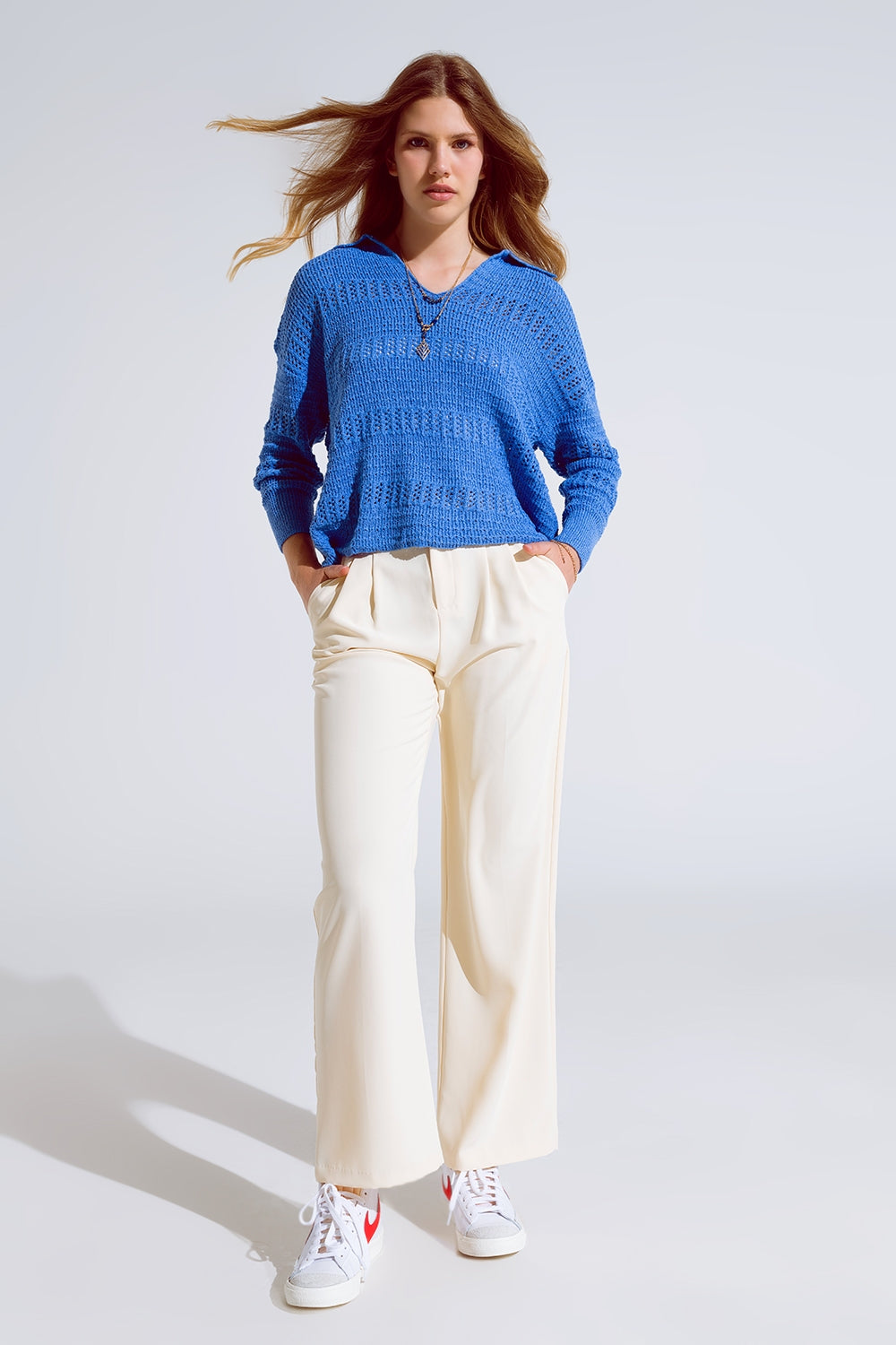 Straight Leg Trousers With Side Pockets and Darts in Cream - Trousers