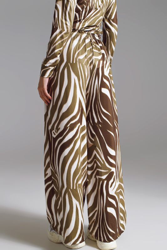 Straight Pants with zebra print in Olive Green and White - Trousers