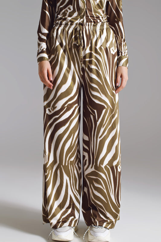 Straight Pants with zebra print in Olive Green and White - Trousers