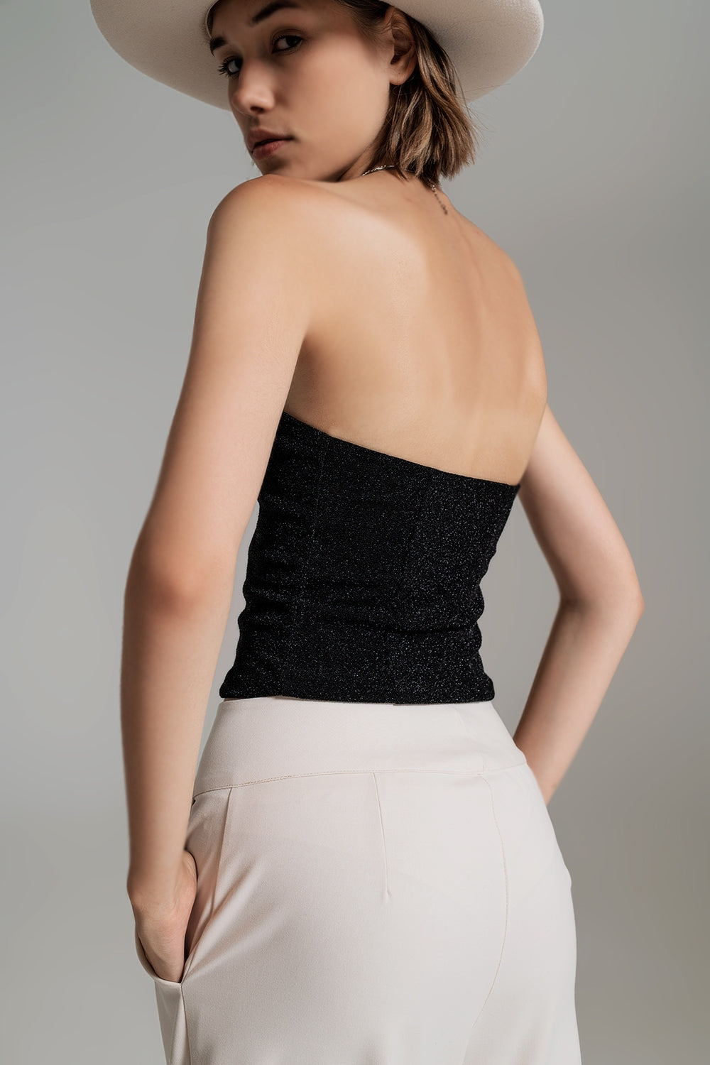 Strapless Shiny Tube Top In Black - Tops