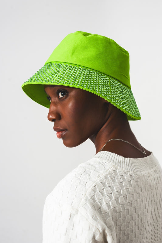 Strass Detail Bucket Hat in Green - Hats