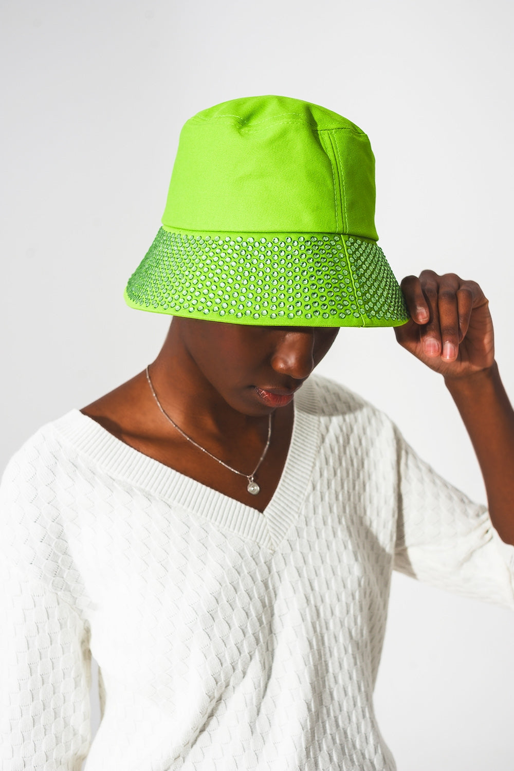 Strass Detail Bucket Hat in Green - Hats