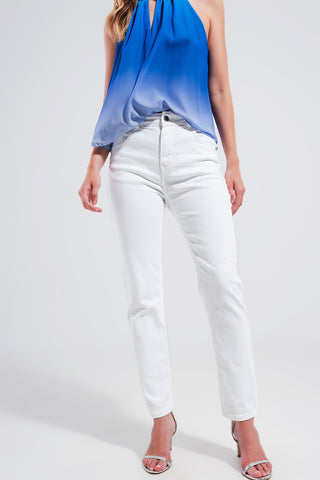 Calça de ganga skinny de algodão elástico na cor branca