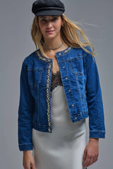 Stretch Denim Embellished Denim Jacket in Blue