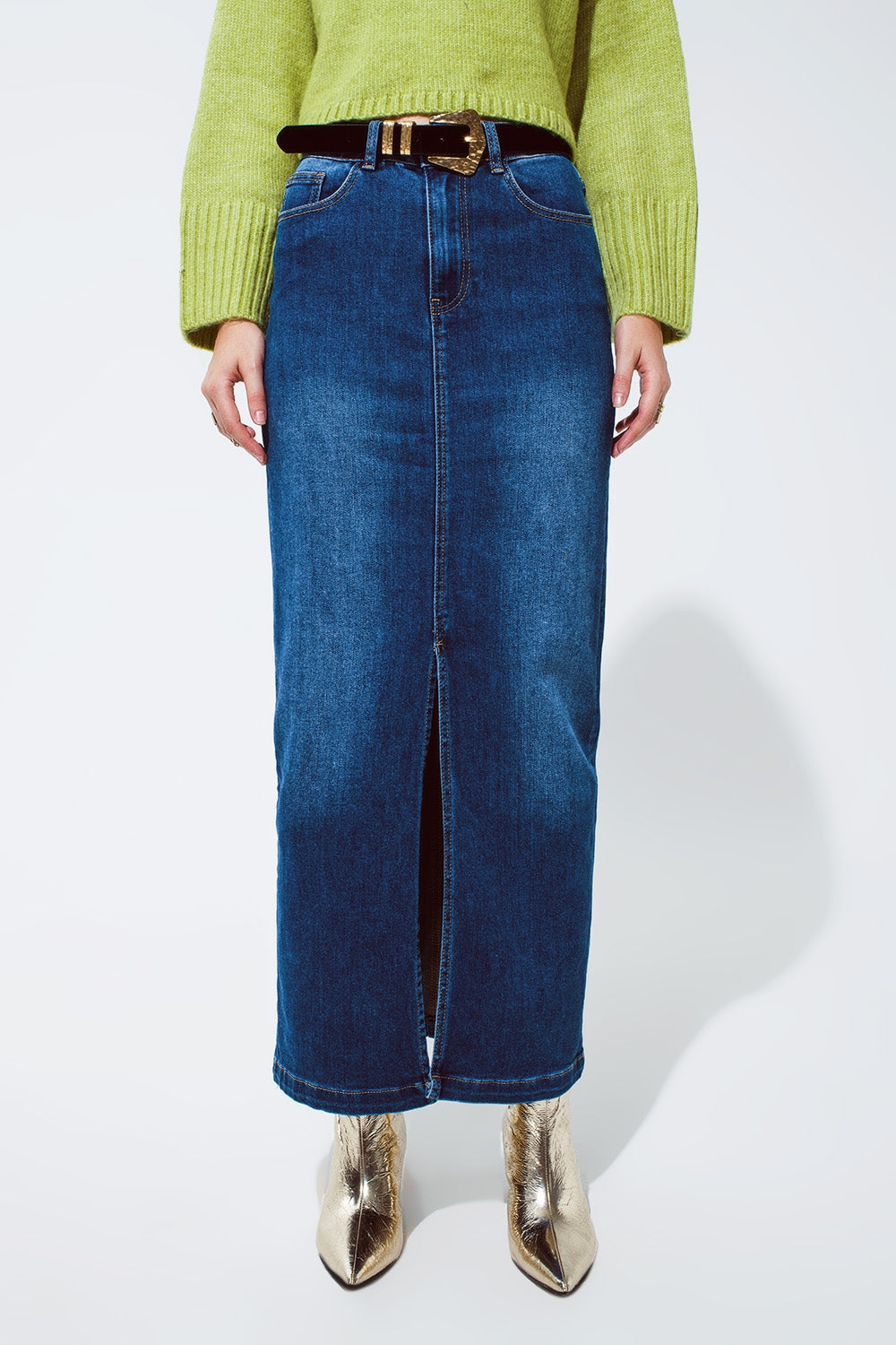 Stretch Denim Maxi Skirt With Slit At The Front In Mid Wash - Skirts