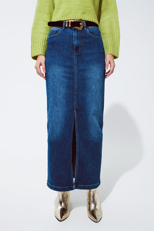 Stretch Denim Maxi Skirt With Slit At The Front In Mid Wash - Skirts