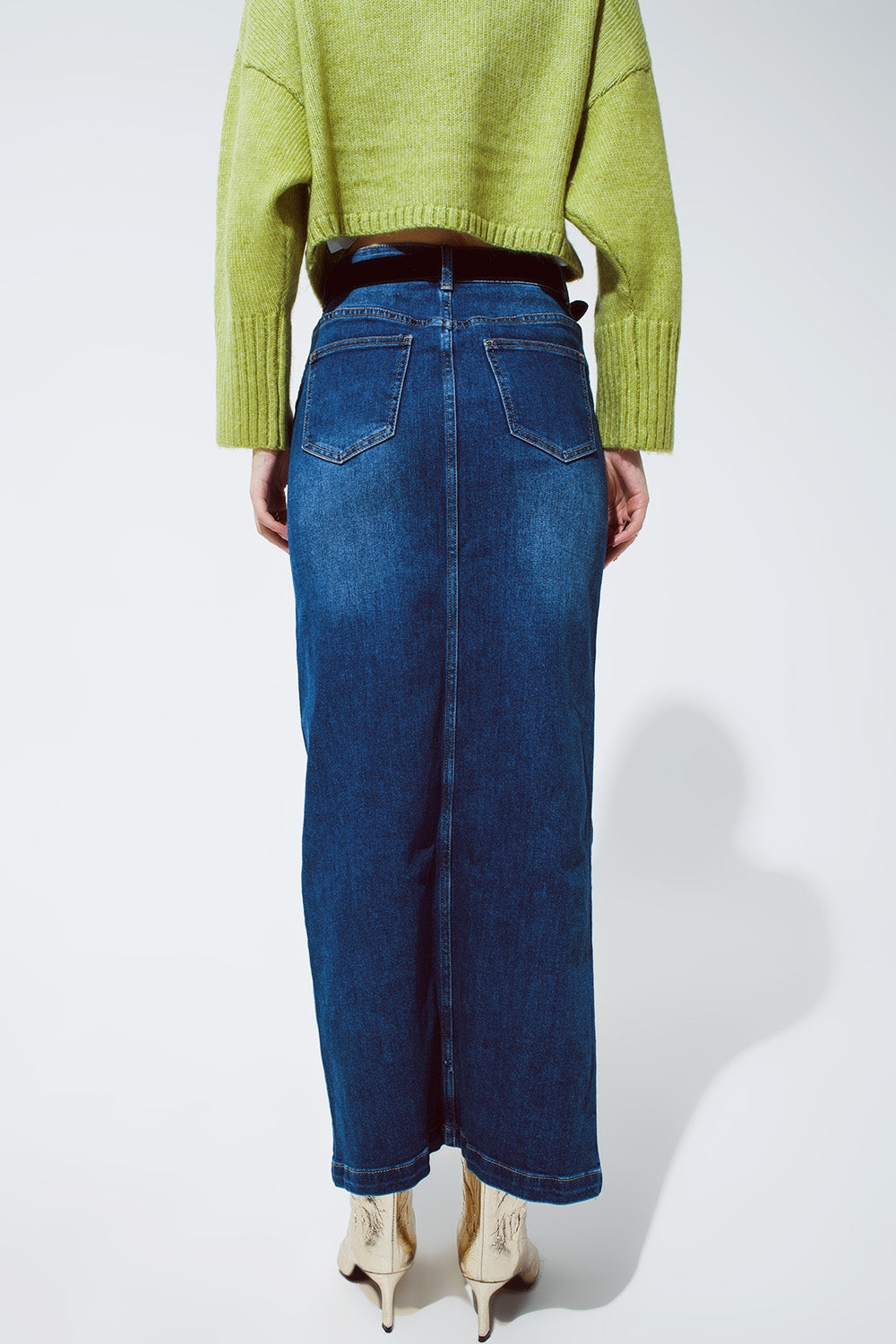 Stretch Denim Maxi Skirt With Slit At The Front In Mid Wash - Skirts