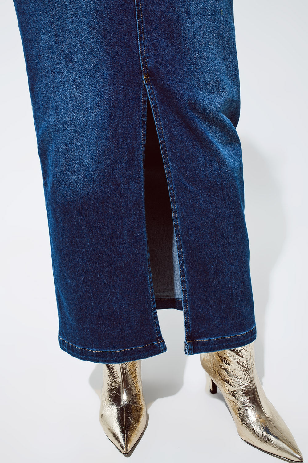 Stretch Denim Maxi Skirt With Slit At The Front In Mid Wash - Skirts