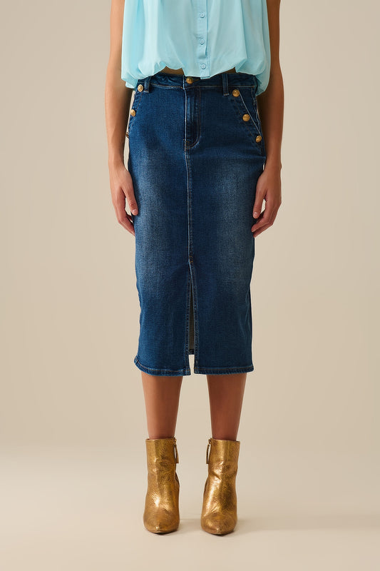 Stretch Denim Midi Skirt With Gold Button Details - Skirts