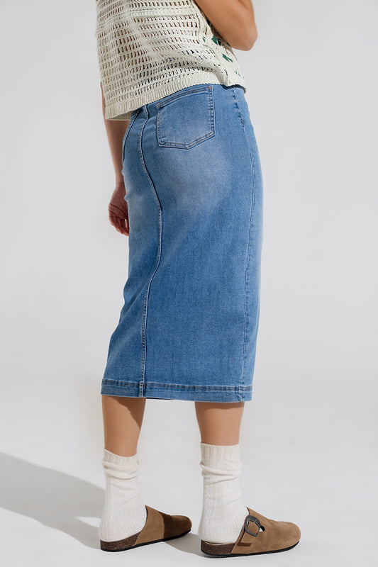 Stretch Denim Midi Skirt With Split Down The Front - Skirts