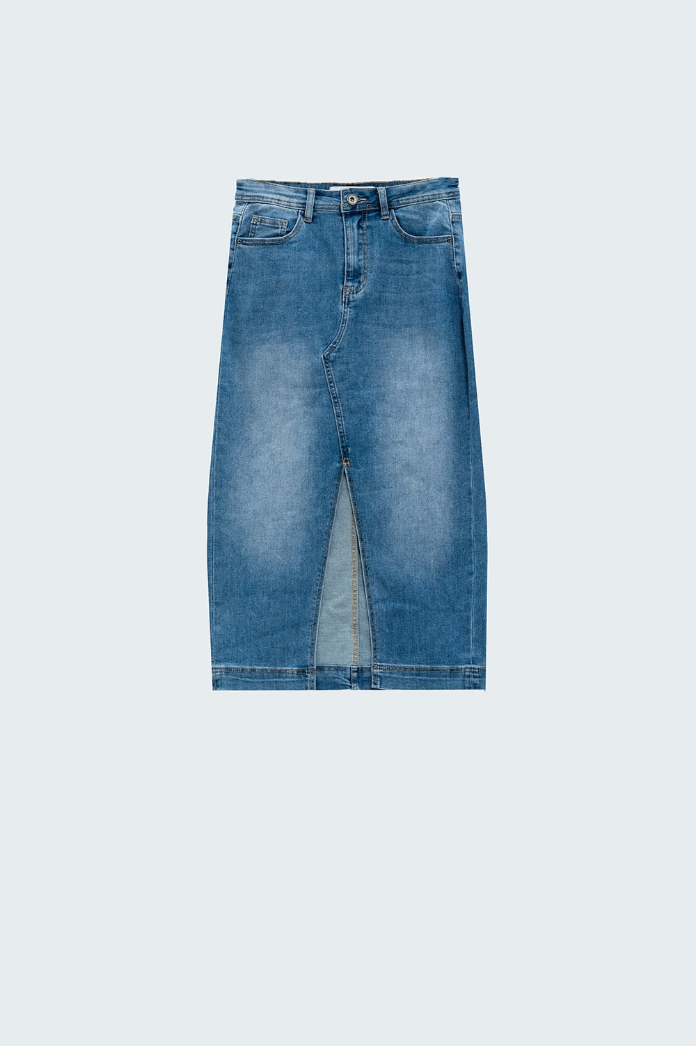 Stretch Denim Midi Skirt With Split Down The Front - Skirts