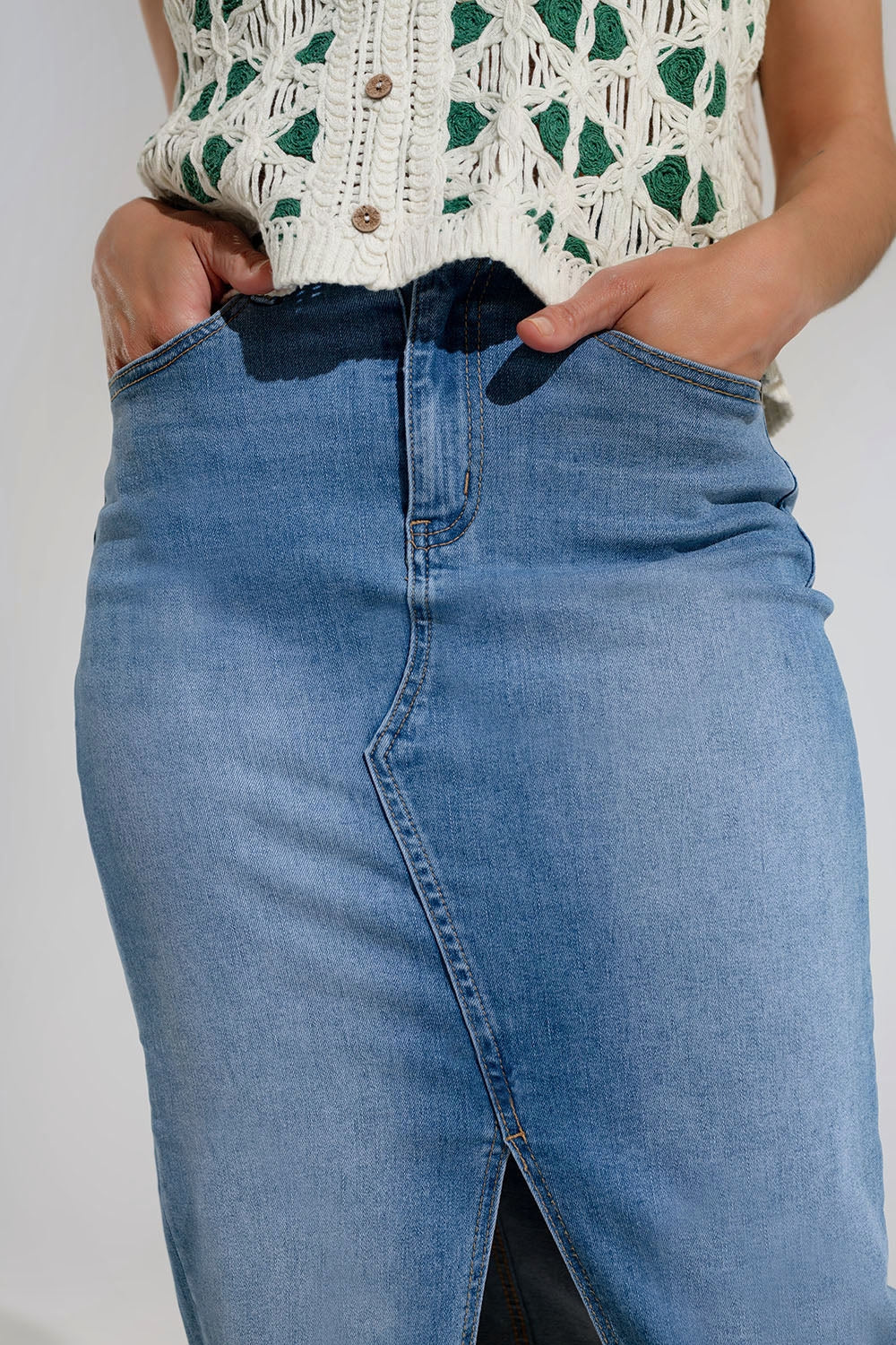 Stretch Denim Midi Skirt With Split Down The Front - Skirts