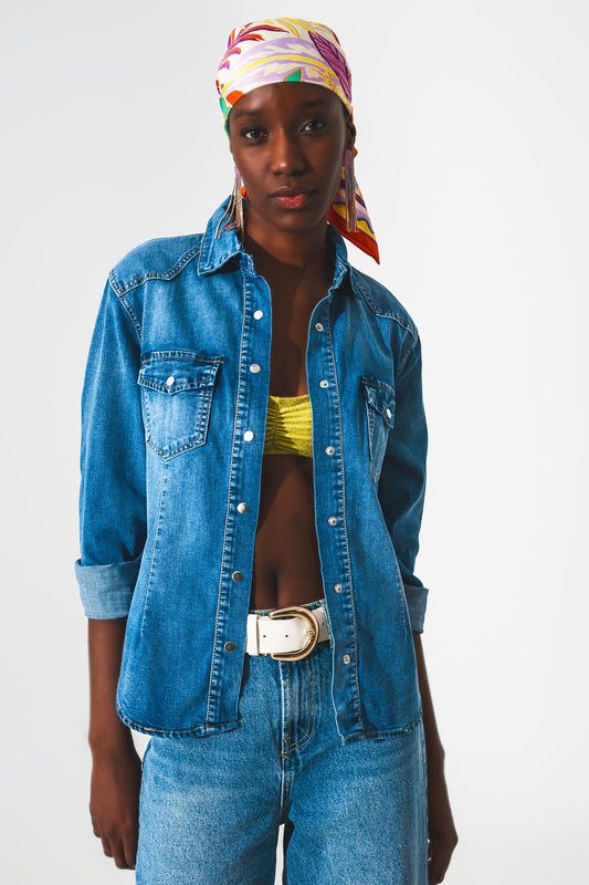 Stretch denim shirt in mid blue - Shirts