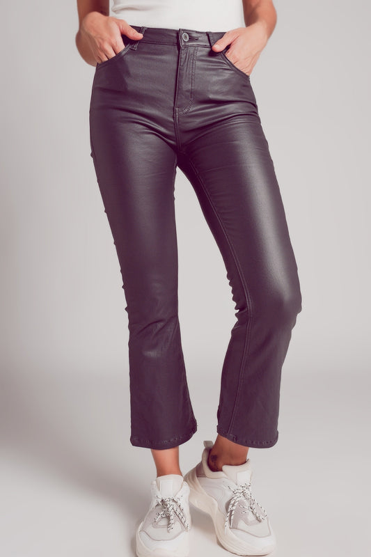 Stretch faux leather flare pants in grey - Trousers