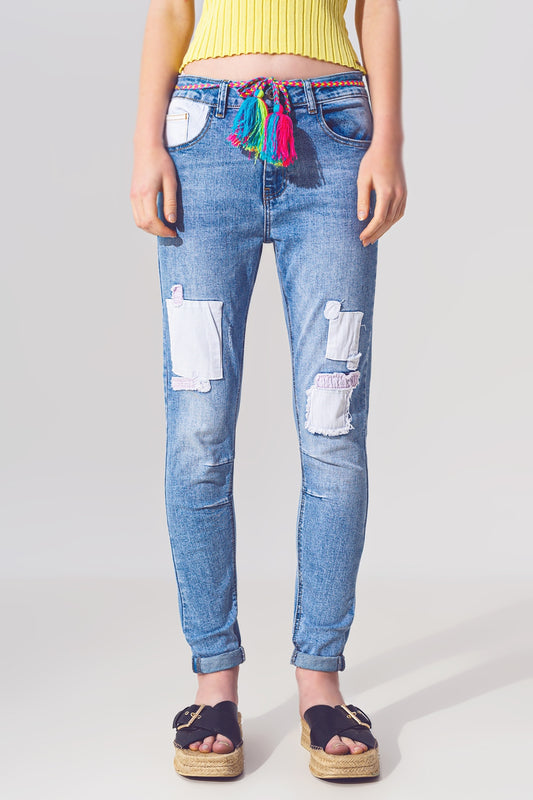 Stretch Skinny Jeans with Patches in Mid Wash and Belt Detail - Jeans