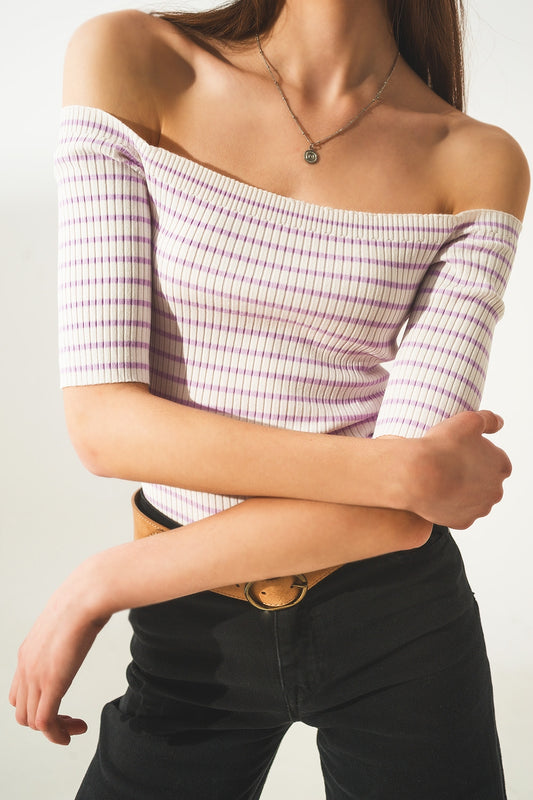 Stripe bardot top in lilac - T-shirts