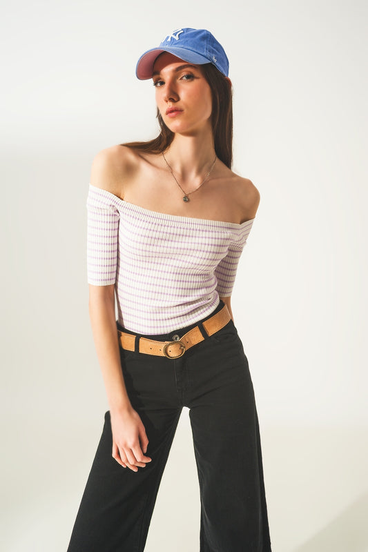Stripe bardot top in lilac - T-shirts