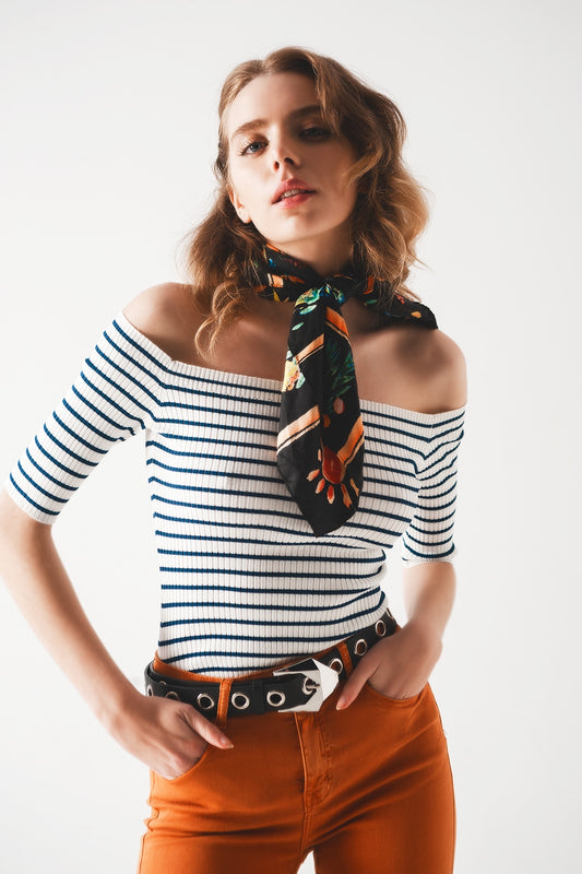 Stripe bardot top in navy - T-shirts