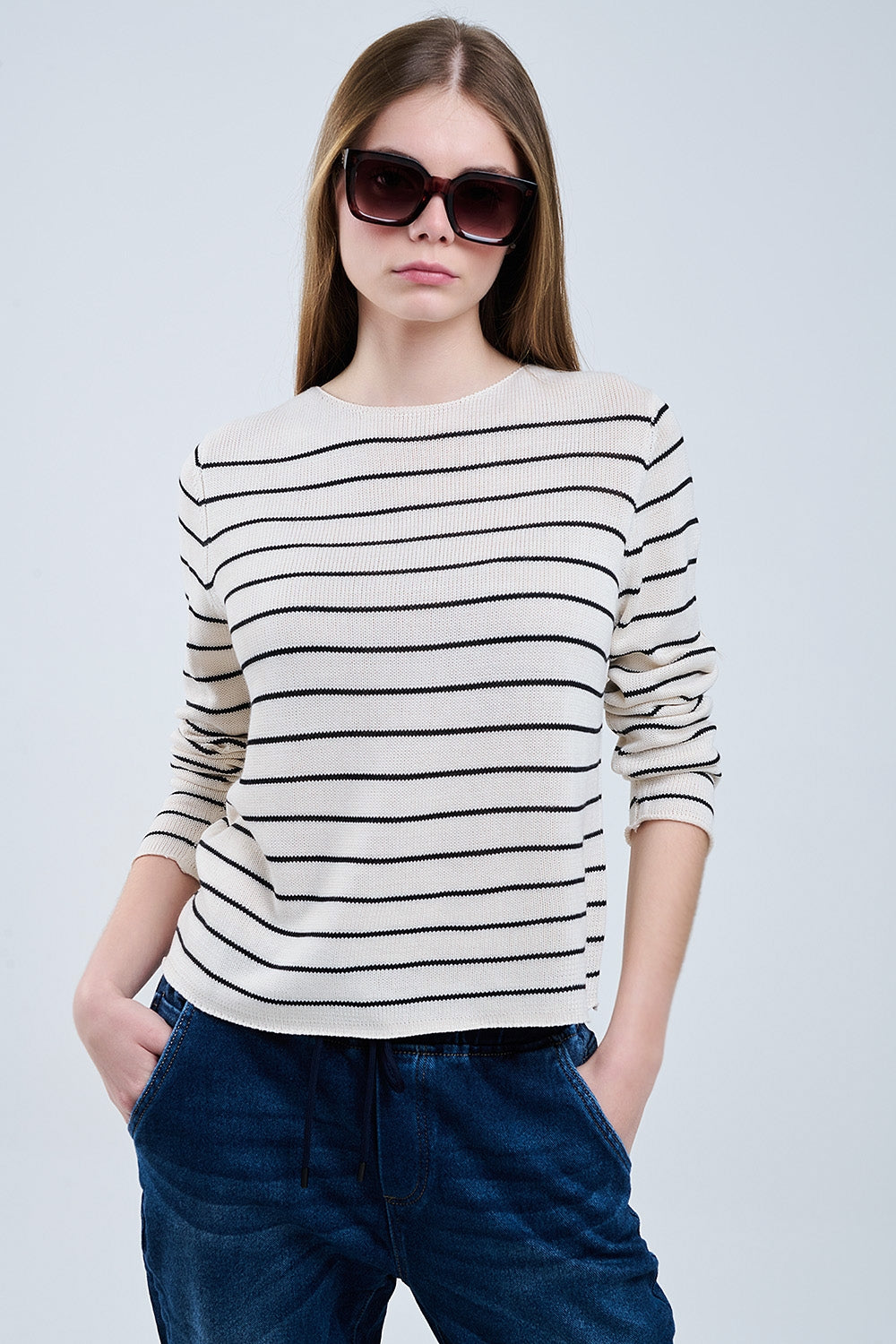 striped beige sweater made of fine knitting - Jumpers