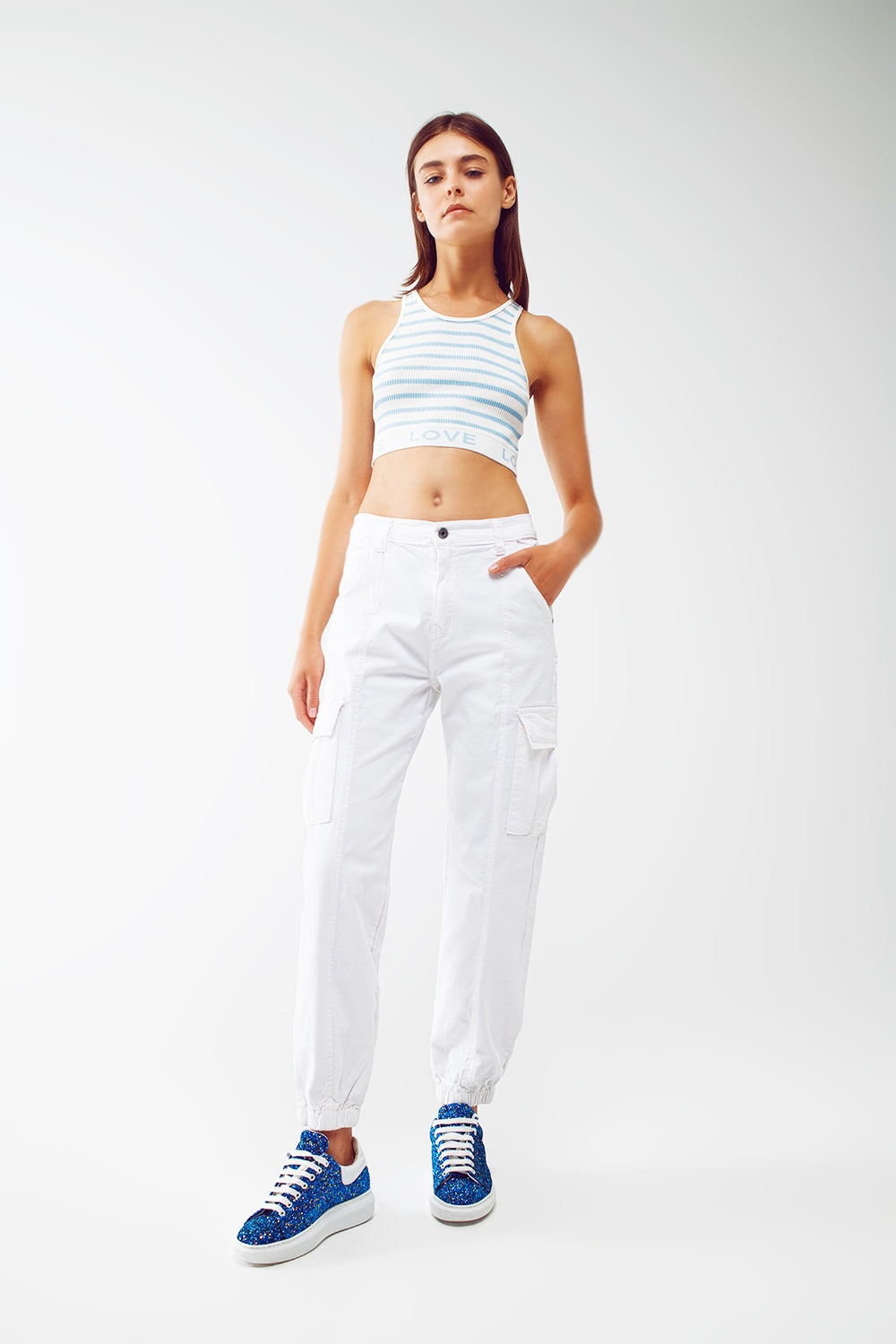 Striped Cropped Top with Love Text in blue - Crop Tops