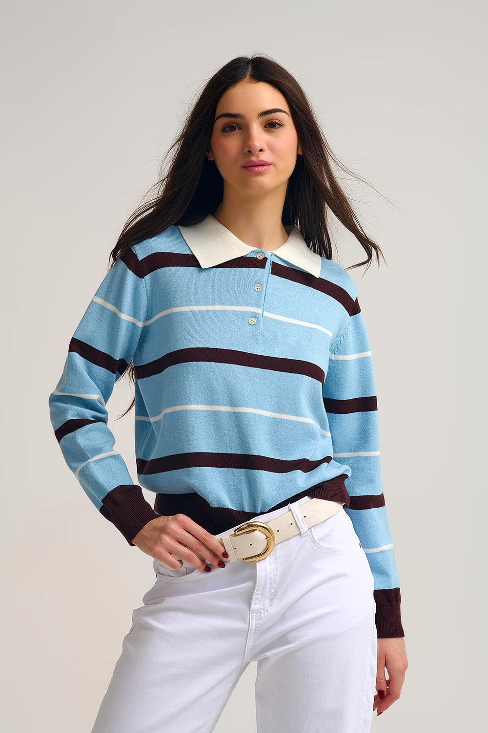 Striped Knit Polo Sweater in blue with white Collar - Sweaters