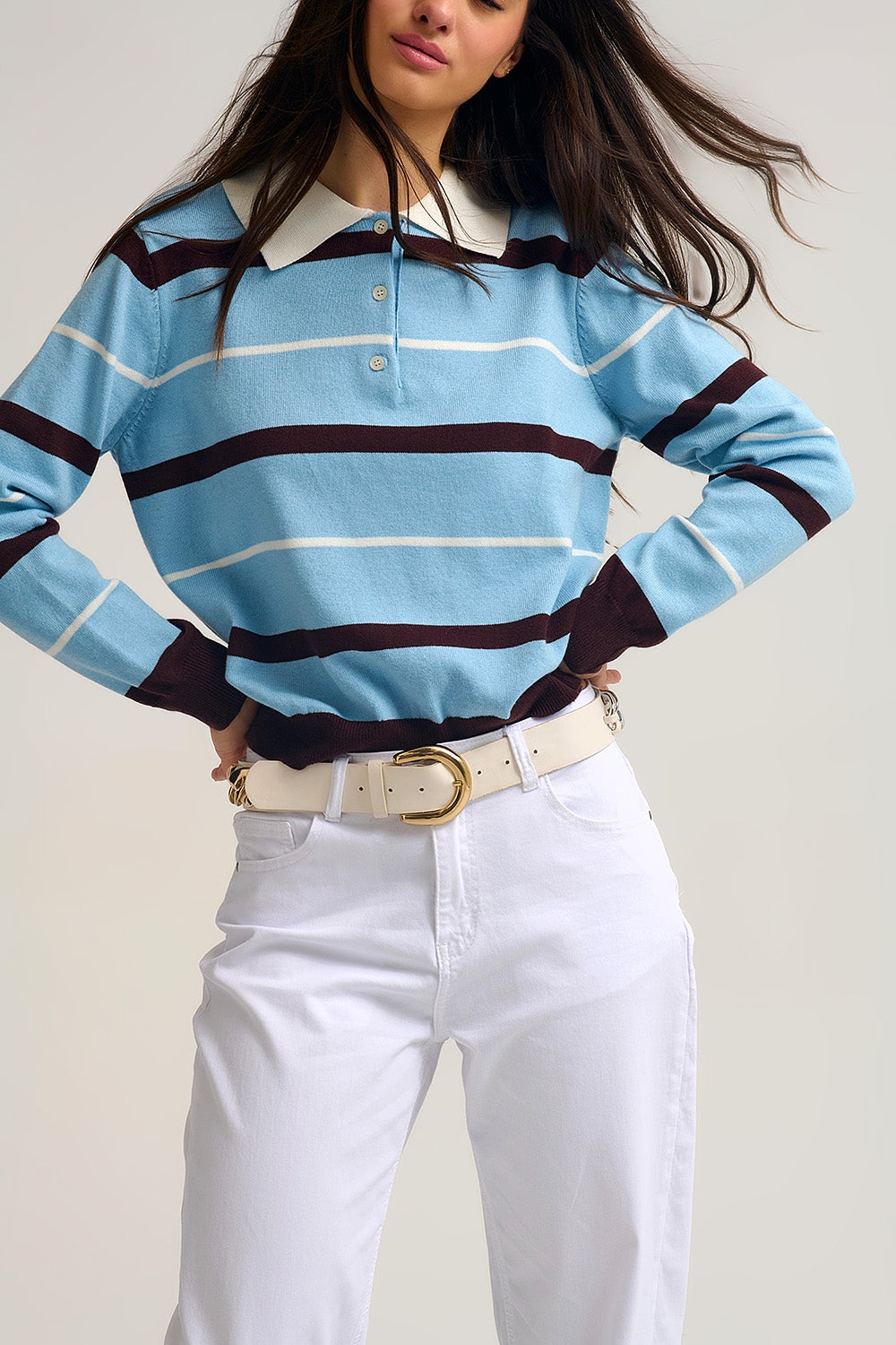 Striped Knit Polo Sweater in blue with white Collar - Sweaters