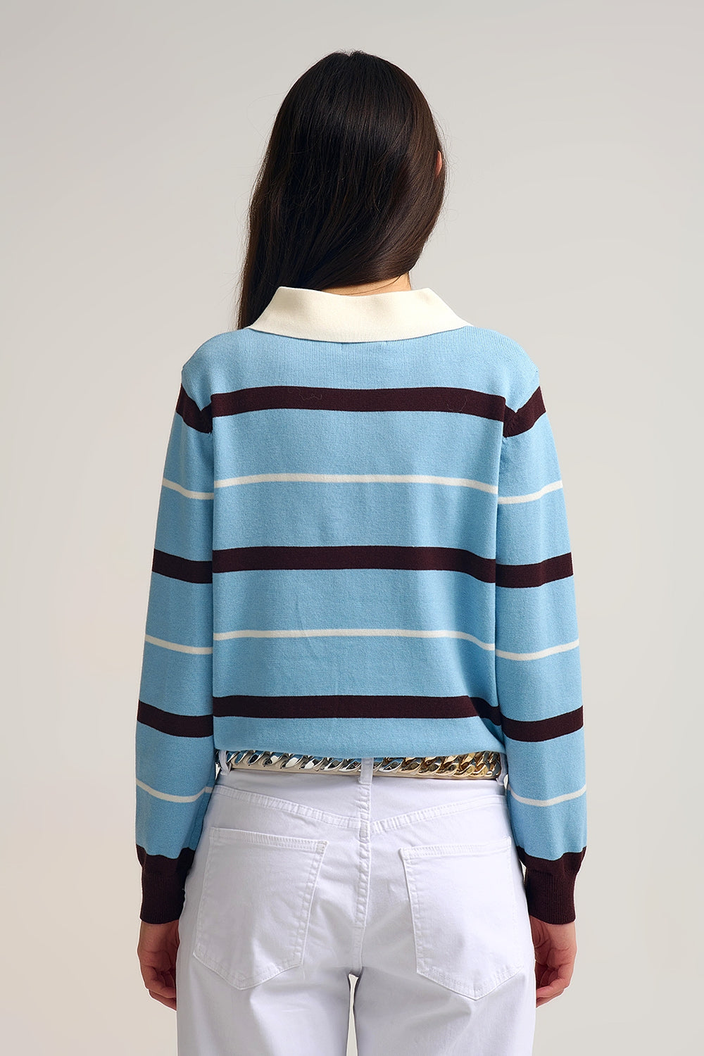 Striped Knit Polo Sweater in blue with white Collar - Sweaters