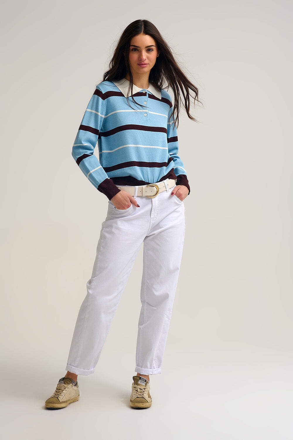 Striped Knit Polo Sweater in blue with white Collar - Sweaters