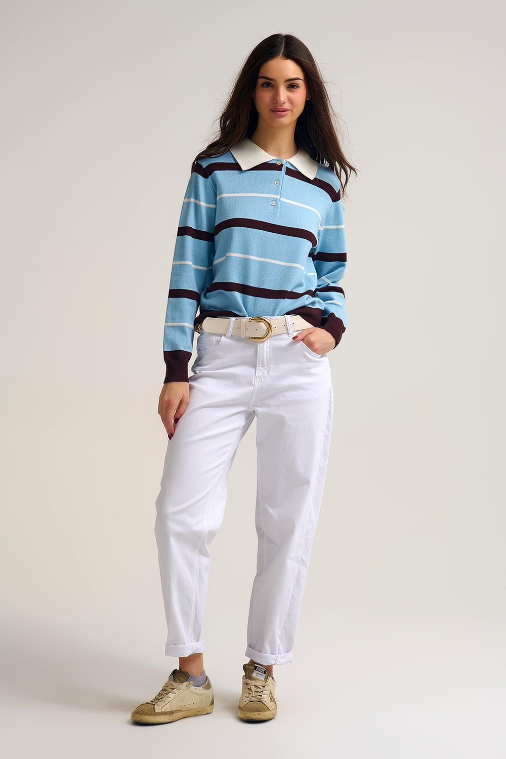 Striped Knit Polo Sweater in blue with white Collar - Sweaters