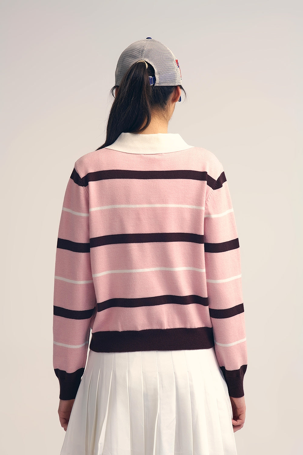 Striped Knit Polo Sweater in pink with white Collar - Sweaters