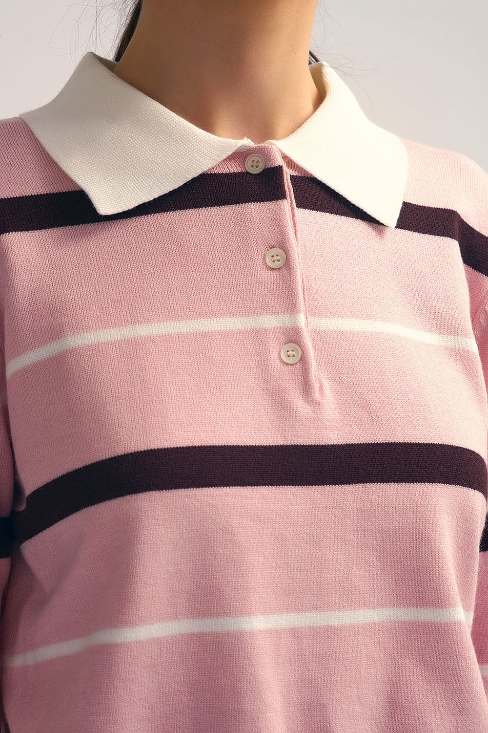 Striped Knit Polo Sweater in pink with white Collar - Sweaters