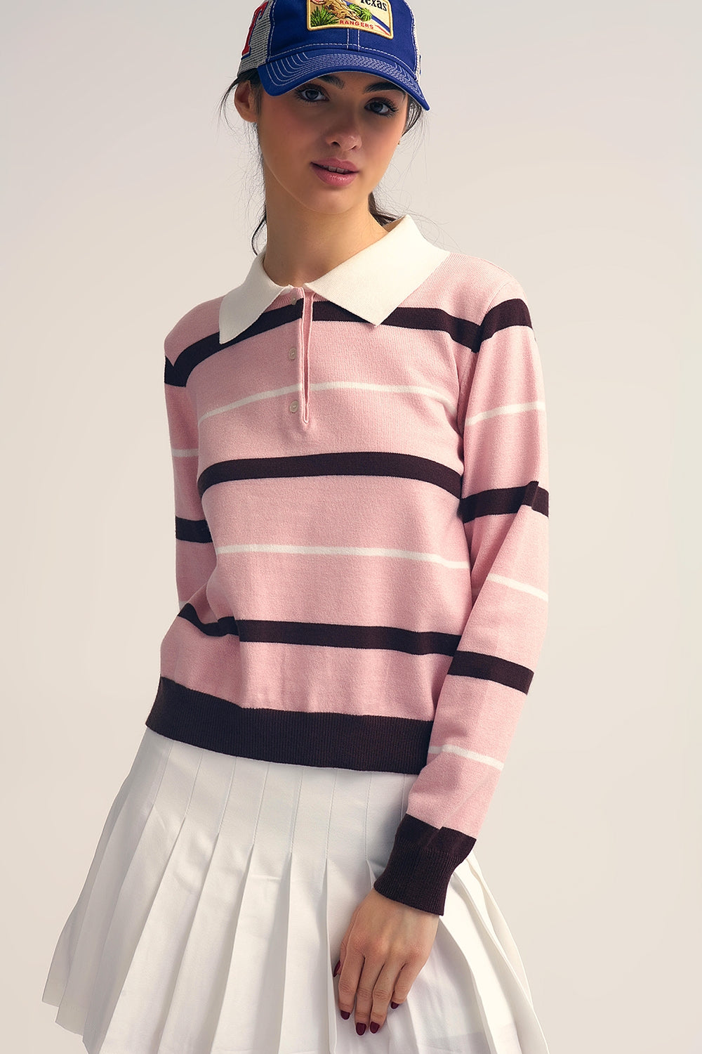 Striped Knit Polo Sweater in pink with white Collar - Sweaters