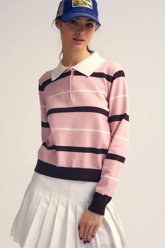 Striped Knit Polo Sweater in pink with white Collar - Sweaters