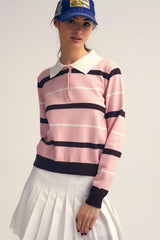 Polo de malha às riscas rosa com gola branca