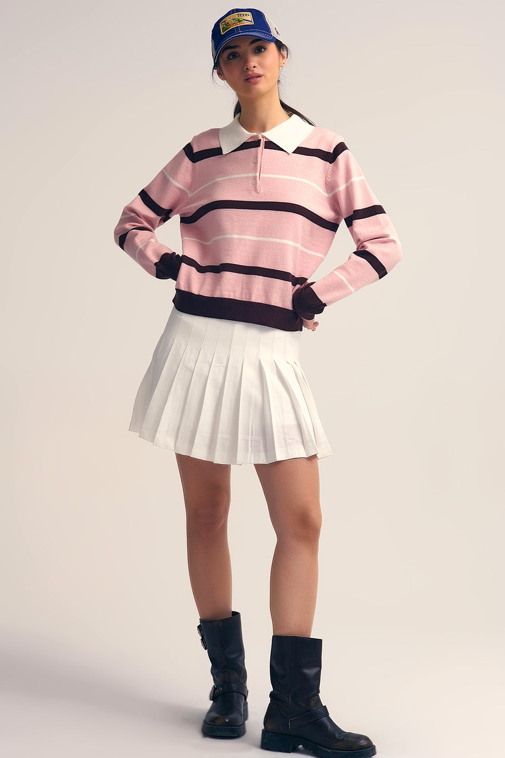 Striped Knit Polo Sweater in pink with white Collar - Sweaters