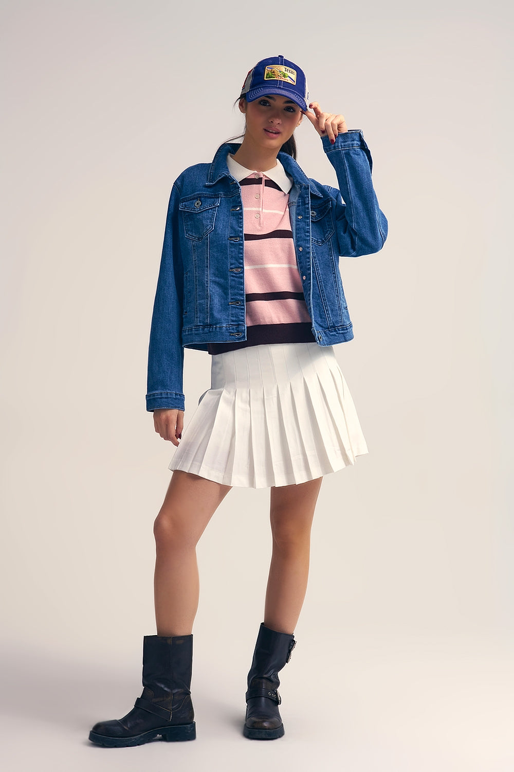 Striped Knit Polo Sweater in pink with white Collar - Sweaters