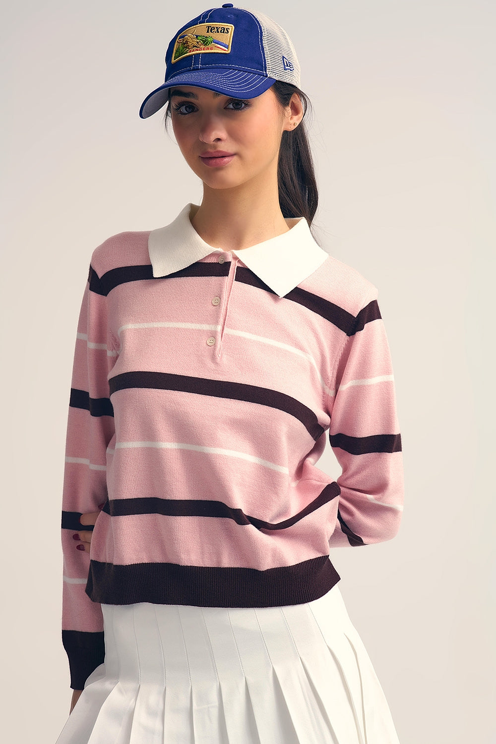 Striped Knit Polo Sweater in pink with white Collar - Sweaters
