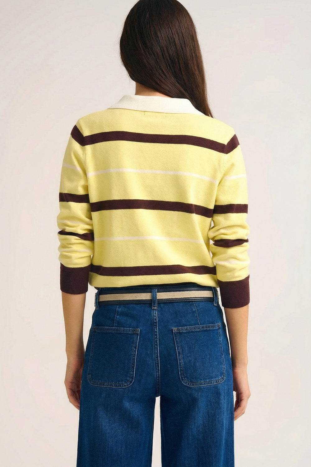 Striped Knit Polo Sweater in yellow with white Collar - Polos