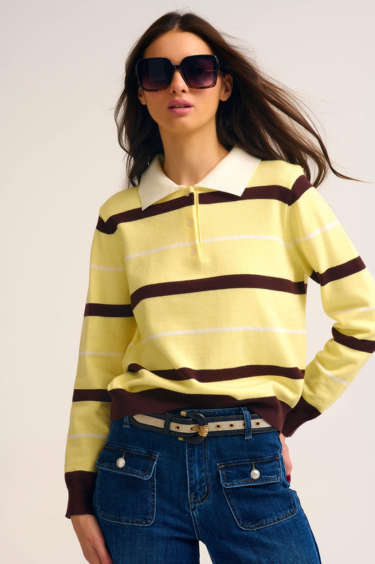 Striped Knit Polo Sweater in yellow with white Collar - Polos