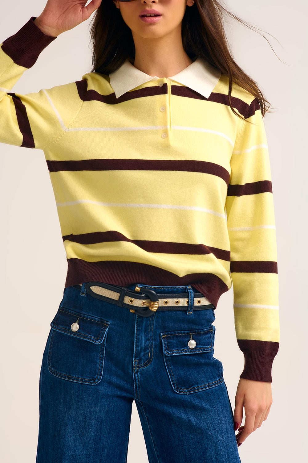 Striped Knit Polo Sweater in yellow with white Collar - Polos