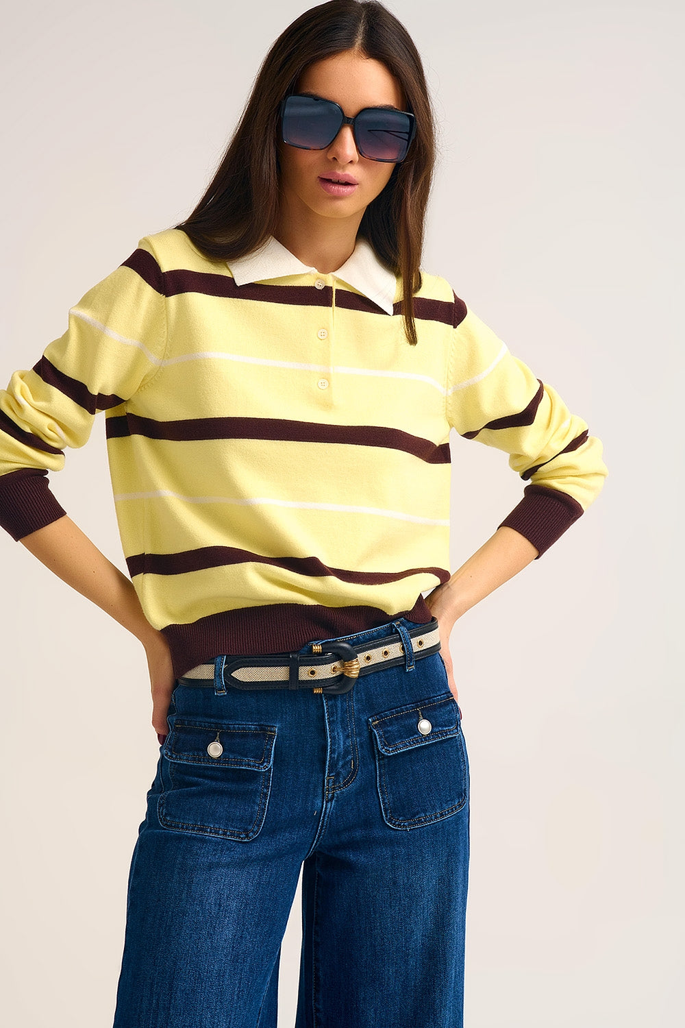Striped Knit Polo Sweater in yellow with white Collar - Polos