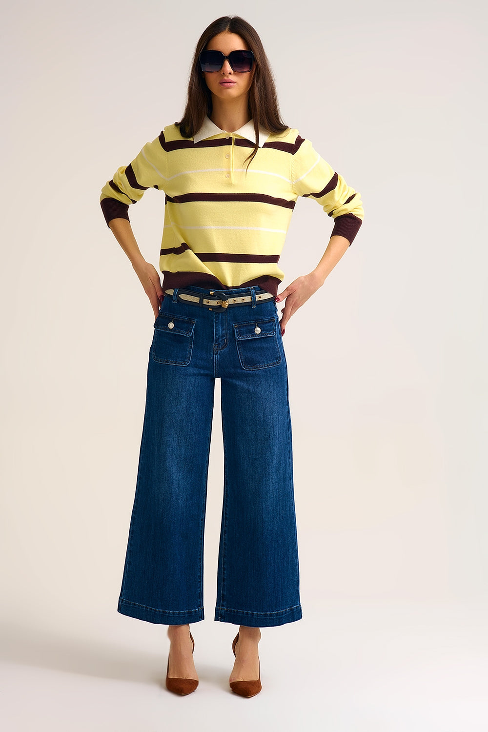 Striped Knit Polo Sweater in yellow with white Collar - Polos