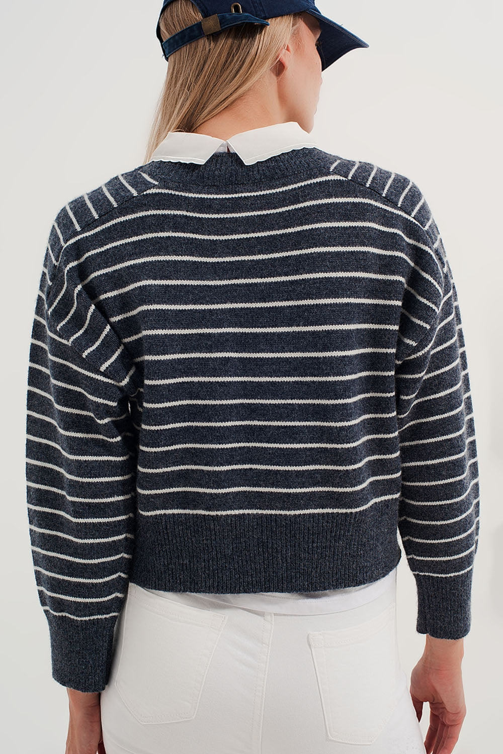 Striped knitted sweater with wrangler sleeves blue and white - Jumpers